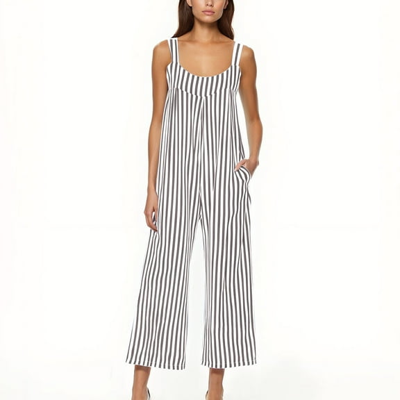 Fashion Jumpsuits for Women Dressy Plus Size Stripe Print Casual Sleeveless Suspender Jumpsuit
