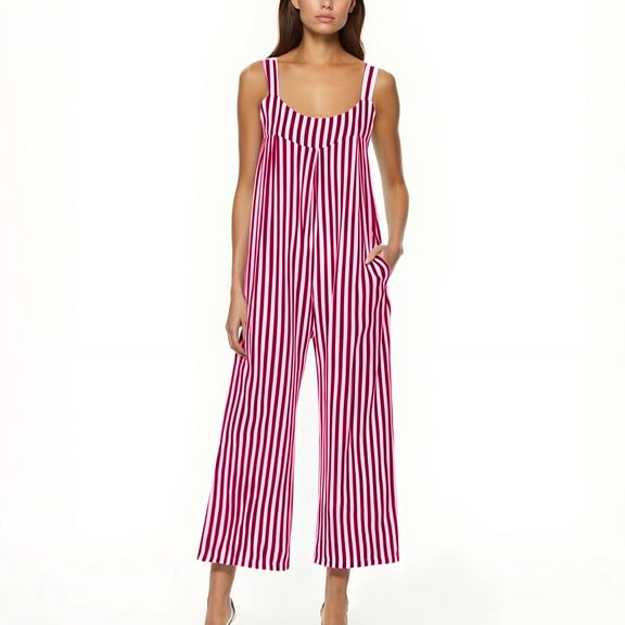 Fashion Jumpsuits for Women Dressy Plus Size Stripe Print Casual Sleeveless Suspender Jumpsuit