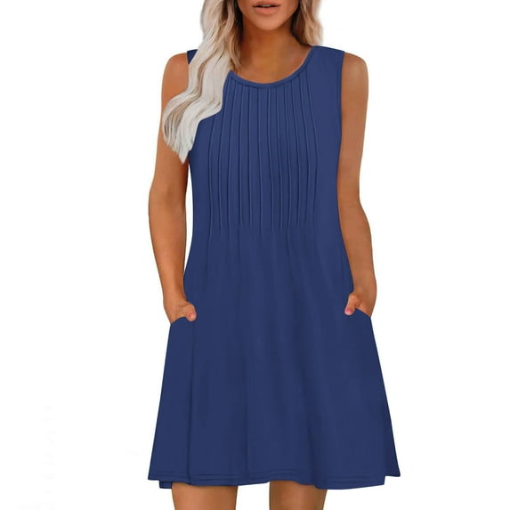 Fashion Plus Size Beach Dresses for Womens 2025 Comfortable Solid Color Sleeveless Round-Neck Dress