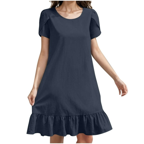 Fashion Plus Size Beach Dresses for Womens 2025 Cotton And Linen Sleeves Hem Ruffle Hem Dress Long Skirt