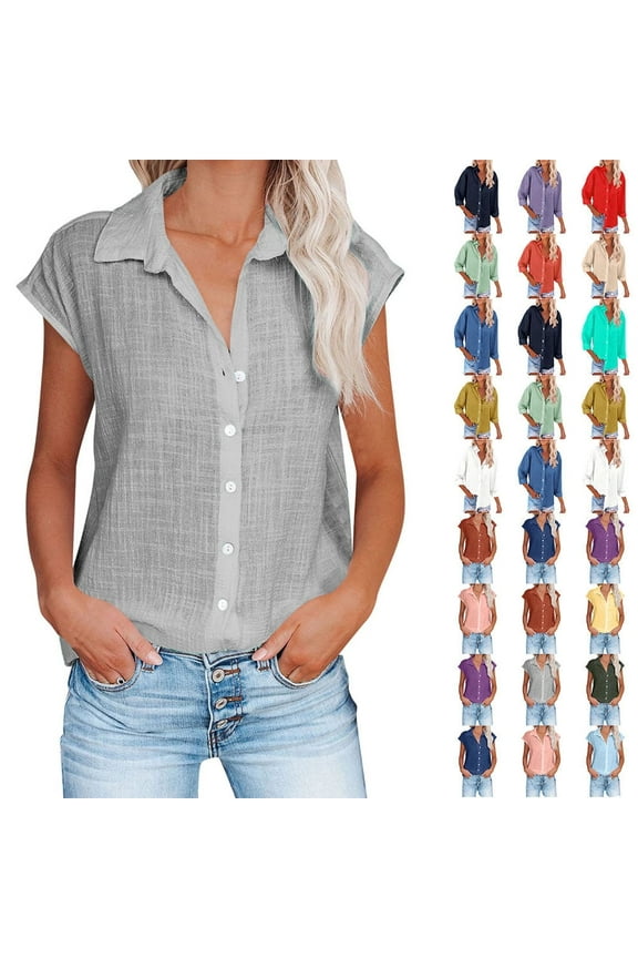 Womens Button Down Shirts Summer Cotton Linen Short Sleeve Plus Size Tops for Beach Solid Color Turndown Collar Casual Blouses Gray