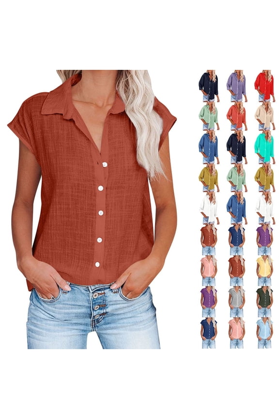 Womens Button Down Shirts Summer Cotton Linen Short Sleeve Plus Size Tops for Beach Solid Color Turndown Collar Casual Blouses Orange