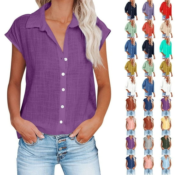 Fatuov Womens Button Down Shirts Summer Cotton Linen Short Sleeve Plus Size Tops for Beach Solid Color Turndown Collar Casual Blouses Purple