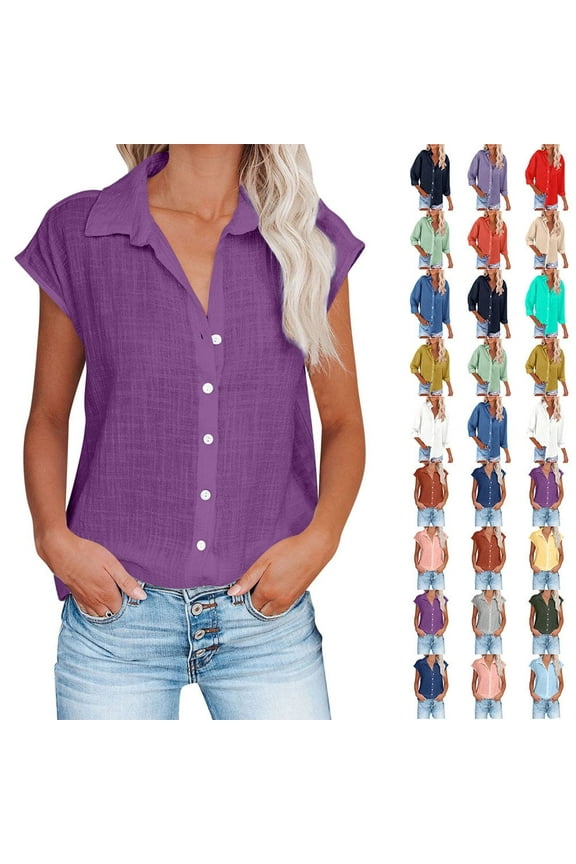 Womens Button Down Shirts Cotton Linen Short Sleeve Plus Size Tops for Summer Solid Color Casual Blouses