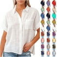 thumbnail image 1 of Fatuov Womens Button Down Shirts Summer Cotton Linen Short Sleeve Plus Size Tops for Beach Solid Color Turndown Collar Casual Blouses White, 1 of 5