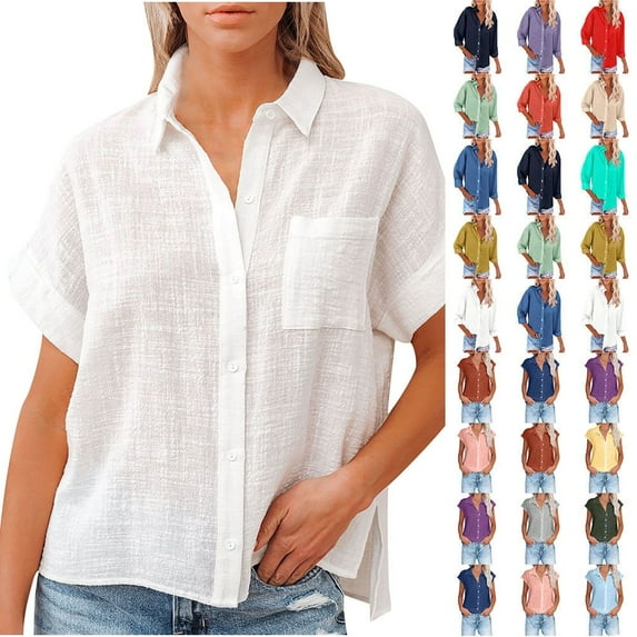 Fatuov Womens Button Down Shirts Summer Cotton Linen Short Sleeve Plus Size Tops for Beach Solid Color Turndown Collar Casual Blouses White