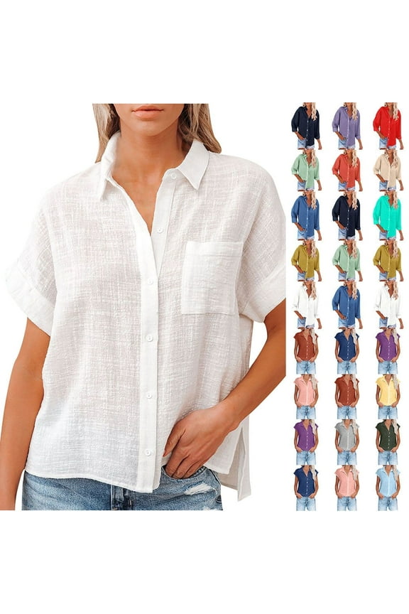 Womens Button Down Shirts Summer Cotton Linen Short Sleeve Plus Size Tops for Beach Solid Color Turndown Collar Casual Blouses White