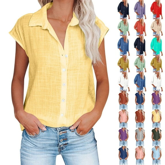 Fatuov Womens Button Down Shirts Summer Cotton Linen Short Sleeve Plus Size Tops for Beach Solid Color Turndown Collar Casual Blouses Yellow