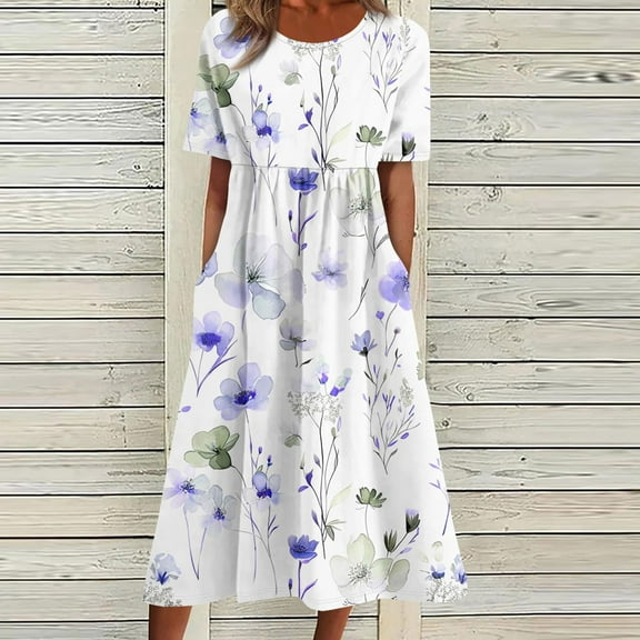 Floral Dress for Women Horkkom Summer Short Sleeve Maxi Dresses Casual Crew Neck Pleated Dress with Pockets Multicolor 2XL