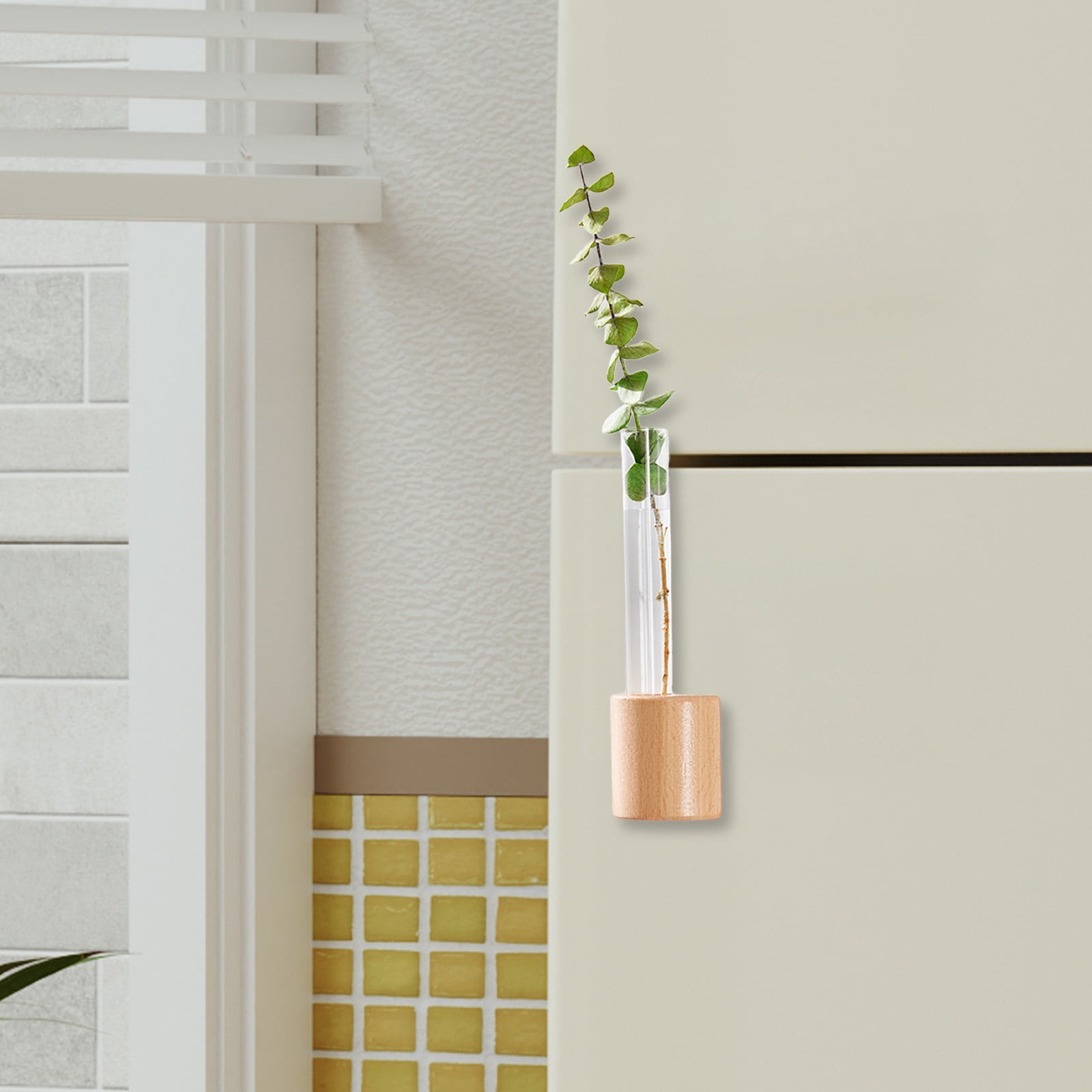 Mini Test Tube Vase Fridge Magnets - 2 Pack Wooden Planter With Glass Tube (Beech Wood)