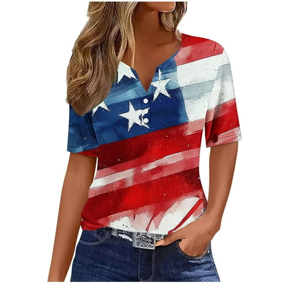 Fmbrln Womens Patriotic T-Shirts Fashion Short Sleeve V Neck Button Casual Loose American Flag Print Comfy Tops Independence Day Tees