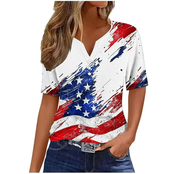Fmbrln Womens Patriotic T-Shirts Fashion Short Sleeve V Neck Button Casual Loose American Flag Print Comfy Tops Independence Day Tees