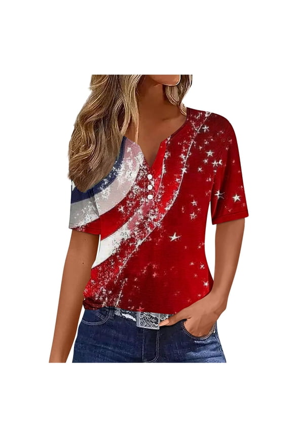 Womens Patriotic T-Shirts Fashion Short Sleeve V Neck Button Casual Loose American Flag Print Comfy Tops Independence Day Tees