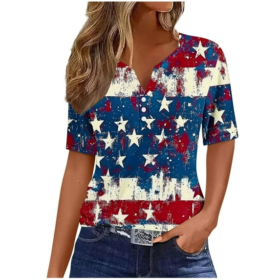 Fmbrln Womens Patriotic T-Shirts Fashion Short Sleeve V Neck Button Casual Loose American Flag Print Comfy Tops Independence Day Tees