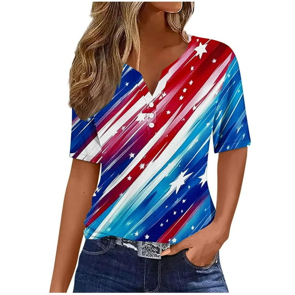 Fmbrln Womens Patriotic T-Shirts Fashion Short Sleeve V Neck Button Casual Loose American Flag Print Comfy Tops Independence Day Tees
