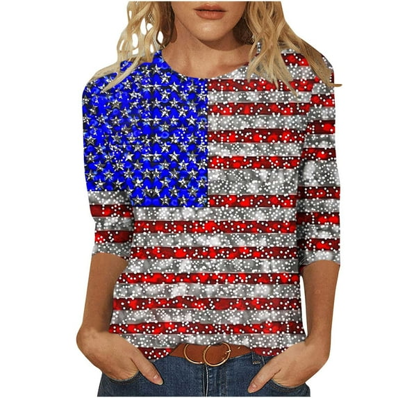 Fmbrln Womens Plus Size Independence Day 3/4 Sleeve Tops Fashion Casual Crew Neck Loose Comfy T-Shirts Patriotic Tees