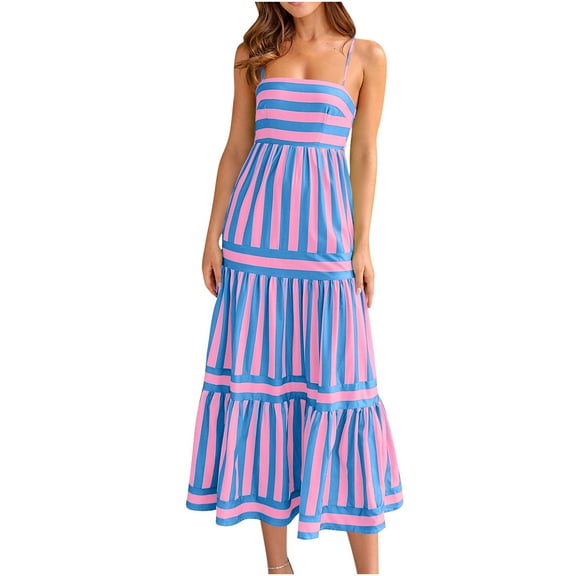 Fmbrln Womens Summer Adjustable Spaghetti Strap Stripe Print Long Dress Casual Sleeveless Smocked Tiered Flowy Maxi Dress Vacation Beach Sundress