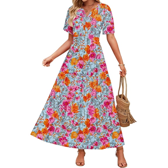 Fmbrln Womens Summer Boho Long Dress Fashion Short Sleeve V Neck Pleated Flowy A Line Dress Casual Loose Print Vacation Sundress