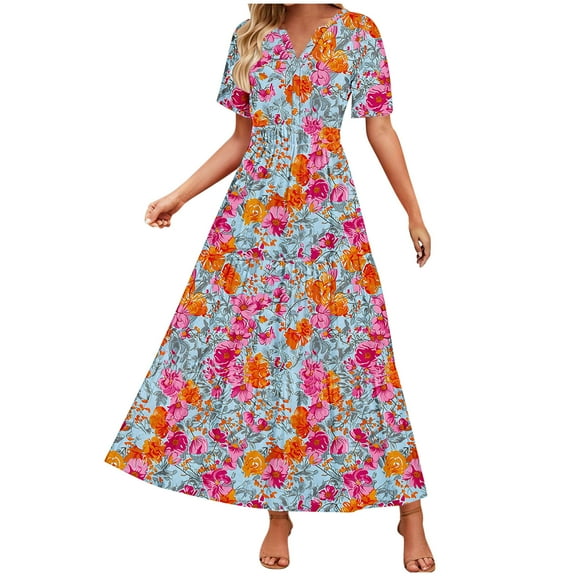 Fmbrln Womens Summer Boho Long Dress Fashion Short Sleeve V Neck Pleated Flowy A Line Dress Casual Loose Print Vacation Sundress