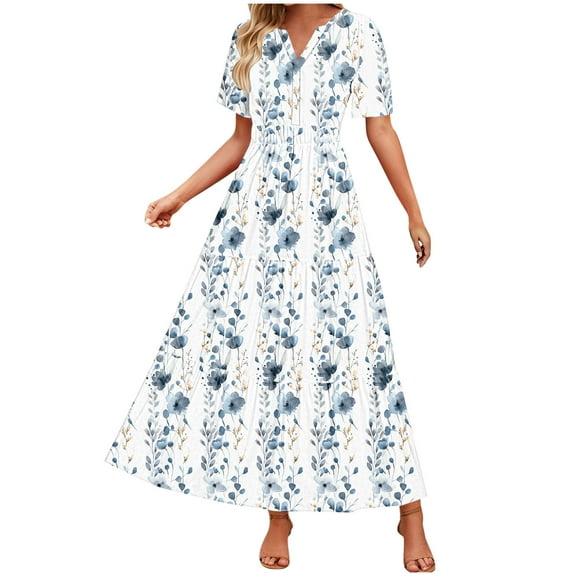 Fmbrln Womens Summer Boho Long Dress Fashion Short Sleeve V Neck Pleated Flowy A Line Dress Casual Loose Print Vacation Sundress