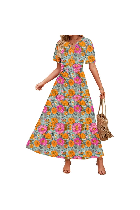 Womens Summer Boho Long Dress Fashion Short Sleeve V Neck Pleated Flowy A Line Dress Casual Loose Print Vacation Sundress