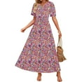 thumbnail image 1 of Fmbrln Womens Summer Boho Long Dress Fashion Short Sleeve V Neck Pleated Flowy A Line Dress Casual Loose Print Vacation Sundress, 1 of 7