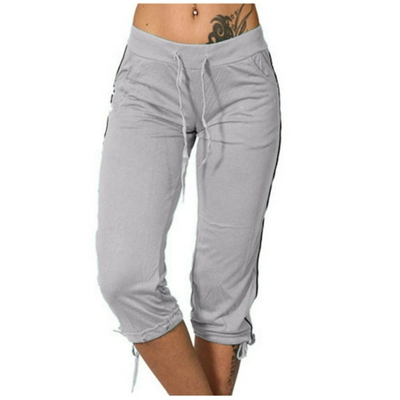 Fmbrln Womens Summer Capri Pants Fashion Drawstring Casual Solid Color Work Pants with Pockets Lounge Trousers