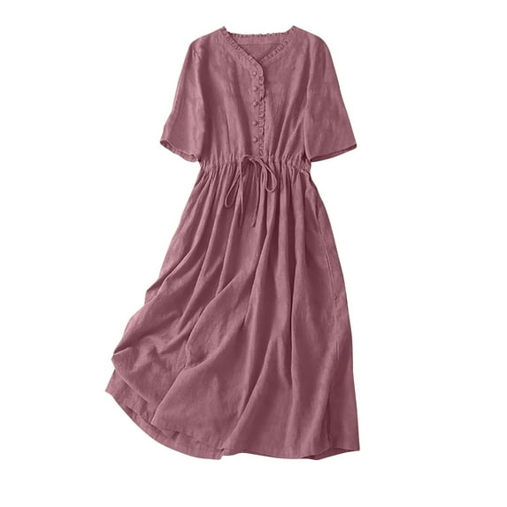 Fmbrln Womens Summer Cotton Dress Fashion V Neck Button Waist Drawstring Midi Dress with Pockets Casual Loose Vintage Print A Line Sundress