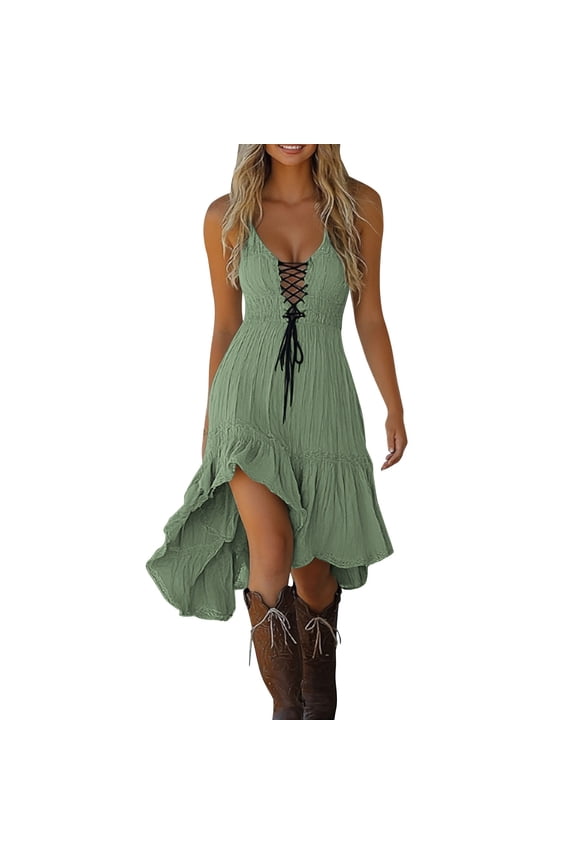 Womens Summer Dress Sexy V Neck Sleeveless Lace Patchwork Irregular Hem Smocked Flowy Midi Dress Vacation Beach Sundress