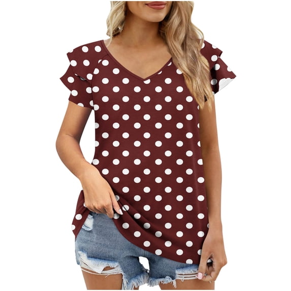 Fmbrln Womens Summer Polka Print T-Shirts Fashion V Neck Ruffle Short Sleeve Tops Casual Loose Vacation Beach Tees