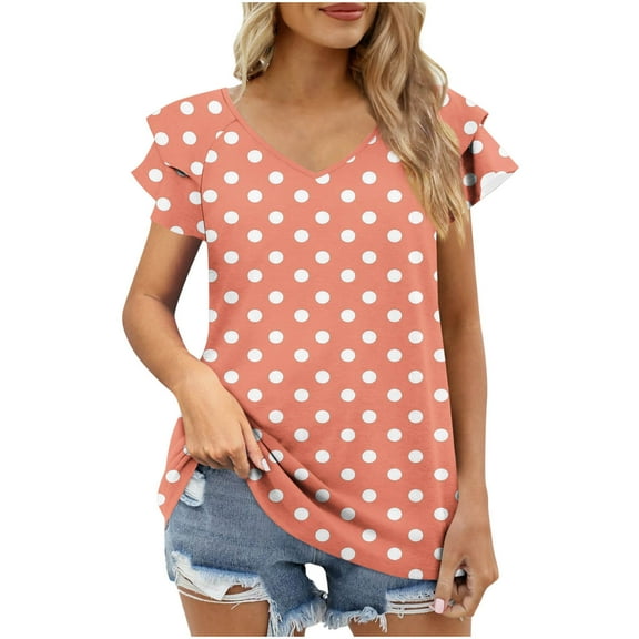 Fmbrln Womens Summer Polka Print T-Shirts Fashion V Neck Ruffle Short Sleeve Tops Casual Loose Vacation Beach Tees