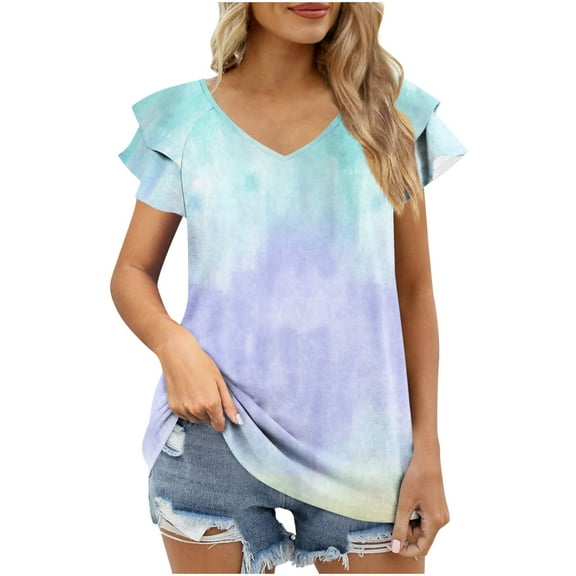 Fmbrln Womens Summer Polka Print T-Shirts Fashion V Neck Ruffle Short Sleeve Tops Casual Loose Vacation Beach Tees