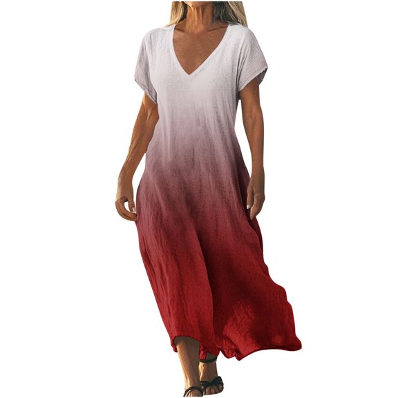 Fmbrln Womens Summer Short Sleeve Long Dress Fashion V Neck Gradient Print Flowy Maxi Dress Casual Loose Vacation Beach Sundress