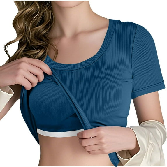 Fmbrln Womens Summer Short Sleeve Tops Built in Bra Crew Neck Ribbed T-shirts Casual Lightweight Solid Color Blouse Blue M