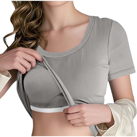 Fmbrln Womens Summer Short Sleeve Tops Built in Bra Crew Neck Ribbed T-shirts Casual Lightweight Solid Color Blouse Gray M