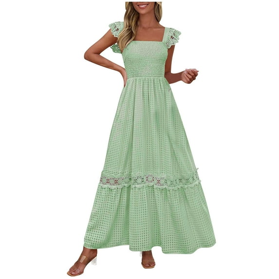 Fmbrln Womens Summer Sleeveless Long Dress Fashion Square Neck Smocked Lace Patchwork A Line Midi Dress Casual Loose Holiday Beach Sundress