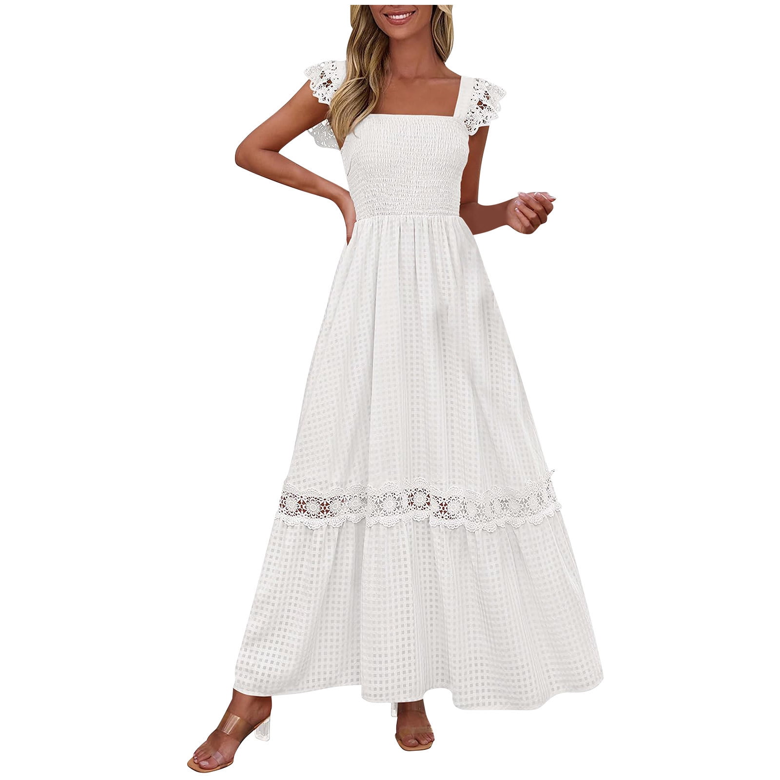 Fmbrln Womens Summer Sleeveless Long Dress Fashion Square Neck Smocked Lace Patchwork A Line Midi Dress Casual Loose Holiday Beach Sundress, Women's,
