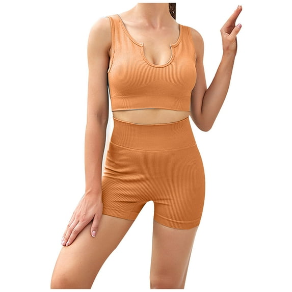 Fsshion 2 Piece of Outfits for Womens Plus Size Casual Solid Color Sleeveless Blouse Shorts Sports Set Yoga Suit U-neck Bra Sexy Seamless Knitting Fitness Clothing