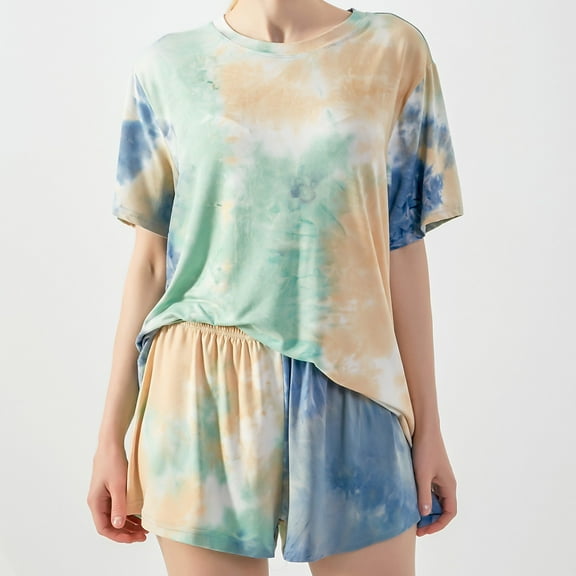 Fsshion 2 Piece of Outfits for Womens Plus Size Casual Printed Shorts Short Sleeved Round Neck Shirts Set