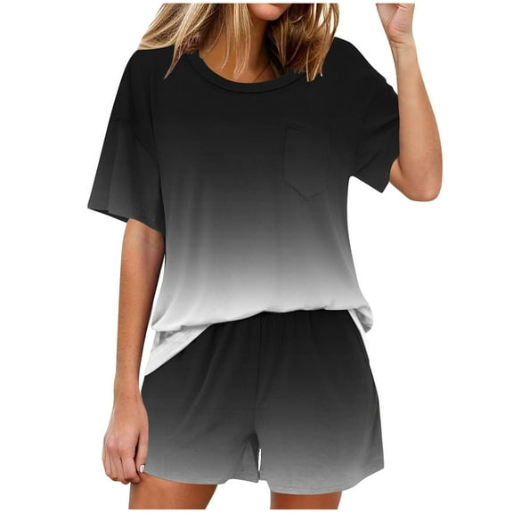 Fsshion 2 Piece of Outfits for Womens Plus Size Casual Solid Color Home Short Sleeved Round Neck Pajama Top With Pants Set