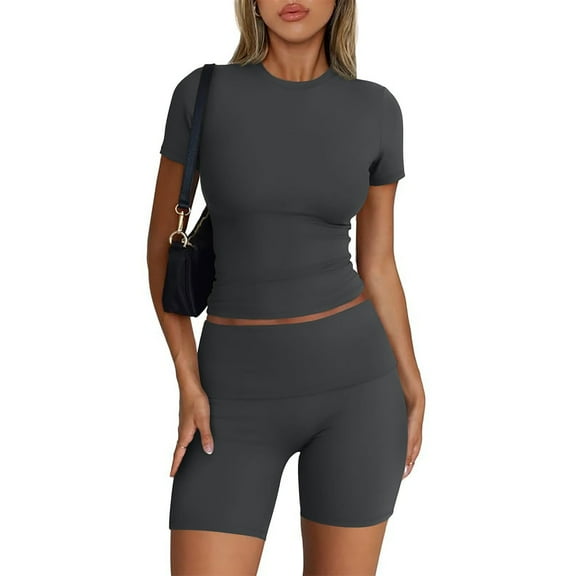 Fsshion 2 Piece of Outfits for Womens Plus Size Casual Solid Color Short Sleevele Round-Neck Blouses Tops Shorts Elastic Waist Sets