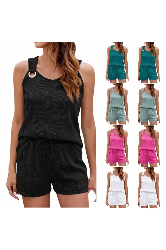 Fsshion 2 Piece of Outfits for Womens Plus Size Summer New Water Ripple Solid Color Tank Top Round Neck Top Set