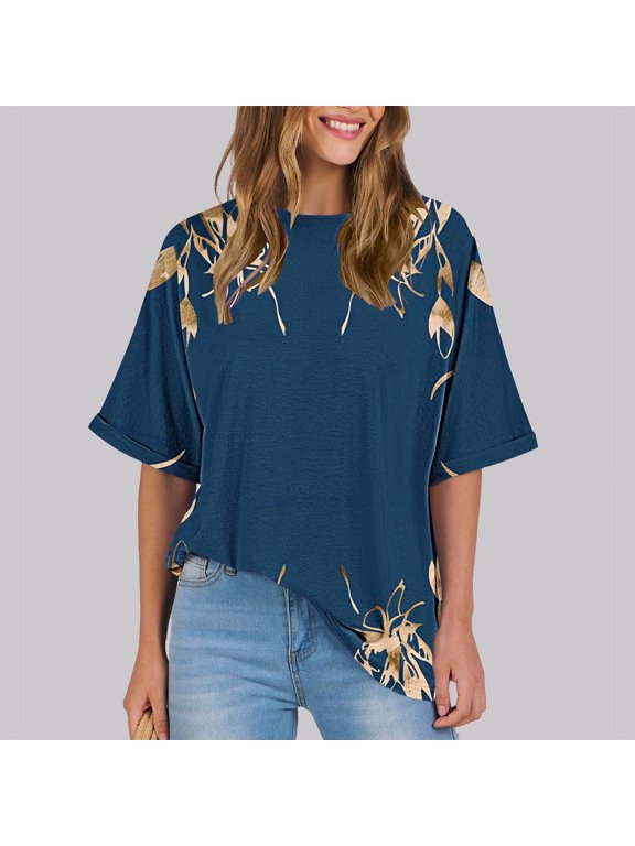 Womens Tops under $5,Women's Ladies Fashion Casual Cropped Short Sleeve Printing Loose Shirt Blouse Top Navy M