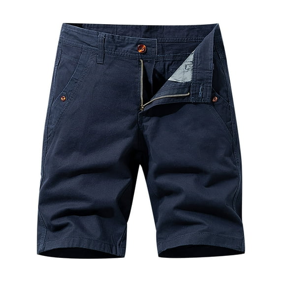 HOOMEUMY Men's Cotton Cargo Shorts Loose Fit Work Beach Shorts with Zipper Pockets Solid Color Above Knee Bermuda Shorts Dark Blue 8