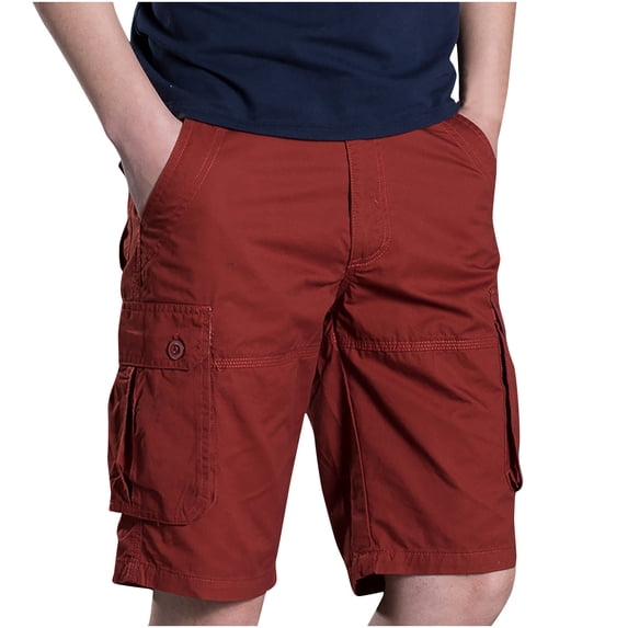 Summer Savings HOOMEUMY Men's Shorts Cotton Cargo Shorts Loose Fit Straight Multi-Pockets Solid Color Summer Beach Shorts Red 12