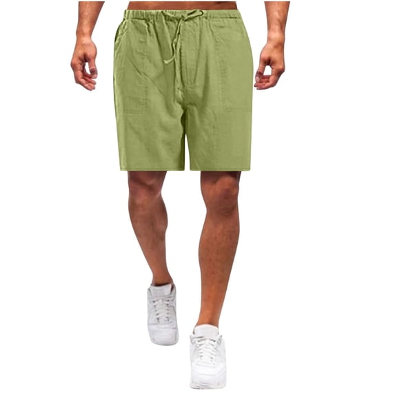 Summer Savings HOOMEUMY Men's Summer Beach Shorts Linen Cotton Elastic Waist Solid Color Bermuda Short Pants with Pockets Green 14