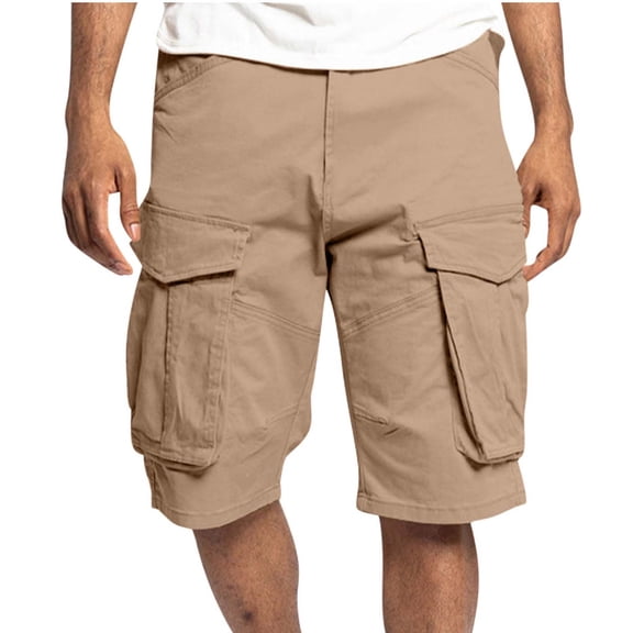 HOOMEUMY Men's Summer Cargo Shorts Multi-Pocket Bermuda Knee Length Straight Fit Flat Front Shorts Khaki 10