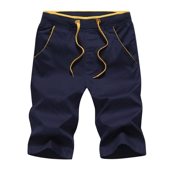 HOOMEUMY Men's Summer Drawstring Elastic Waist Beach Shorts with Zipper Pockets Bermuda Beach Cargo Shorts for Men Dark Blue 8