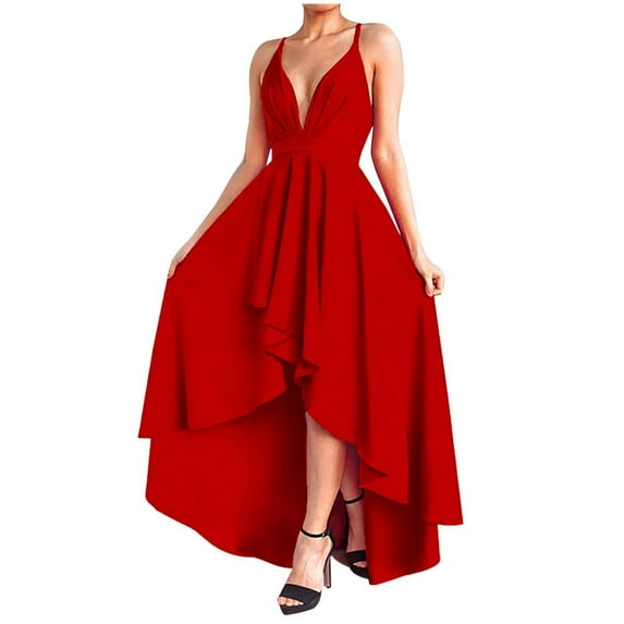 Summer Savings! High-Low Dresses for Women Fashion Women Summer Casual Solid V-Neck Camis Sleeveless Vest Long Dress Red 3XL