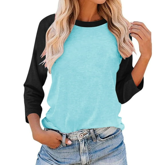 Horkkom 3/4 Sleeve Tops for Women Casual Color Block Crew Neck T Shirts Soft Pullover Spring Fall Tops Blue 2XL